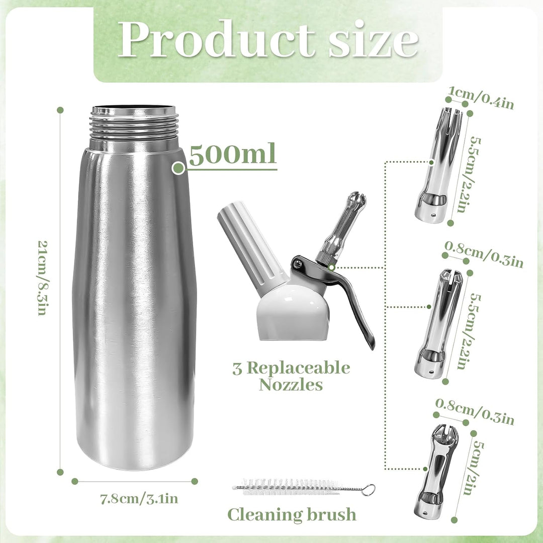 Sahnespender, Sahnesyphon, Sahnespender Edelstahl 500ml, Espuma Flasche, für Sahne, Schlagsahne, Mou