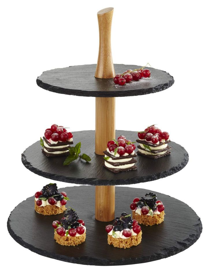 APS 3-stufige Etagere, Schieferplatten, Ø 30 cm, Ø 25 cm, Ø 20 cm, H:34 cm, Akazienholz Etagere 3 st