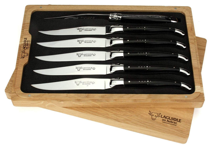 Laguiole en Aubrac - 6er Set Steakmesser Frankreich - Griff Ebenholz - Backen und Klinge glänzend -