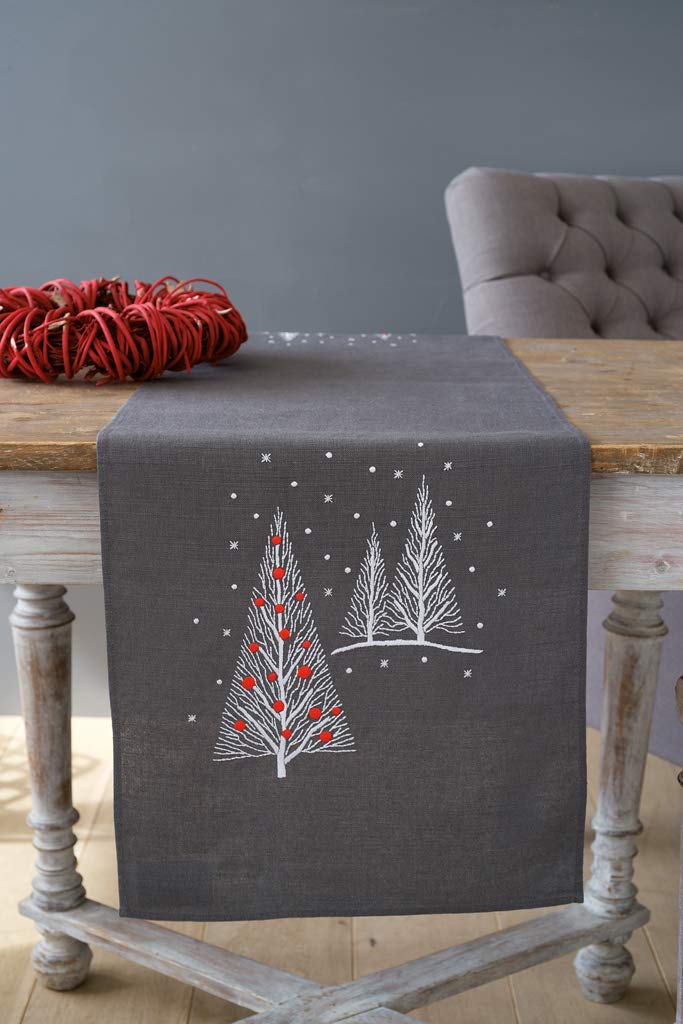 Vervaco Bedruckter Langer Läufer Weihnachtsbäume Stickpackung, Baumwolle, Weiss, 40 x 100 x 0,30 cm