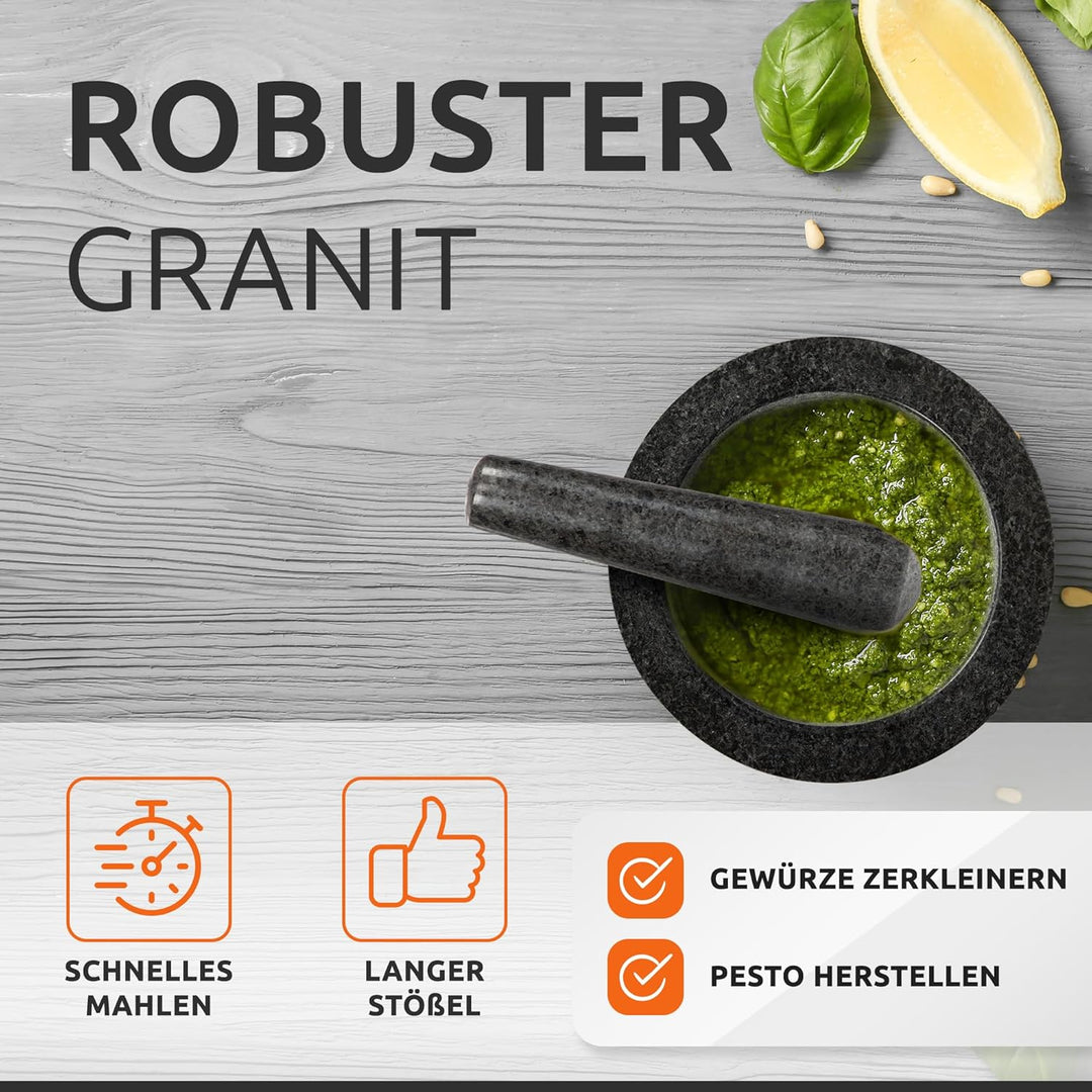 ECENCE Mörser mit Stössel Set aus Granit & Holz Ø15,5cm Küchenmörser Gewürzmörser massiv für perfekt