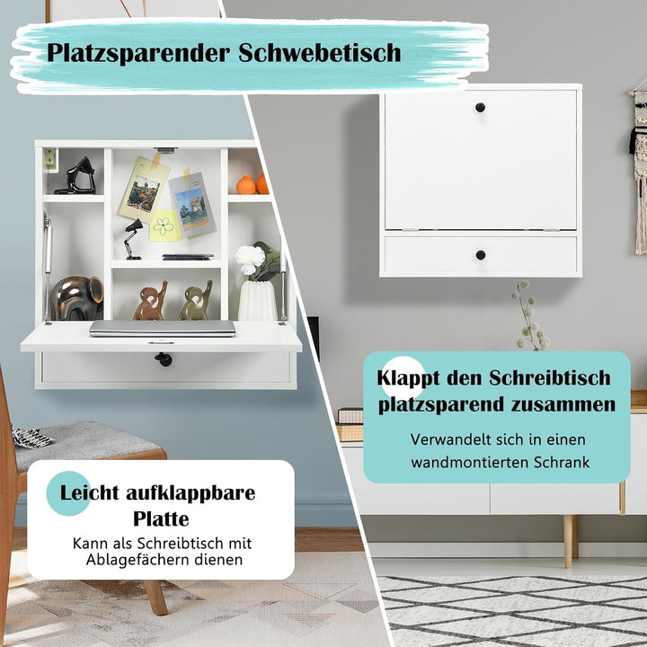 FANTASK Schreibtisch, klappbarer Computertisch mit Ablagefächern & Schublade, Wandklapptisch, Wandti