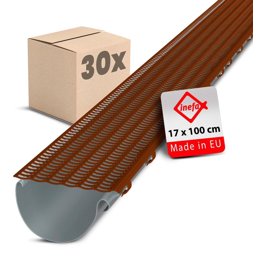 INEFA 30x Laubfangstreifen-Set Dachrinnen Laubschutz 100cm, NW100-150 (Ø100-160mm) Braun Dachrinnena