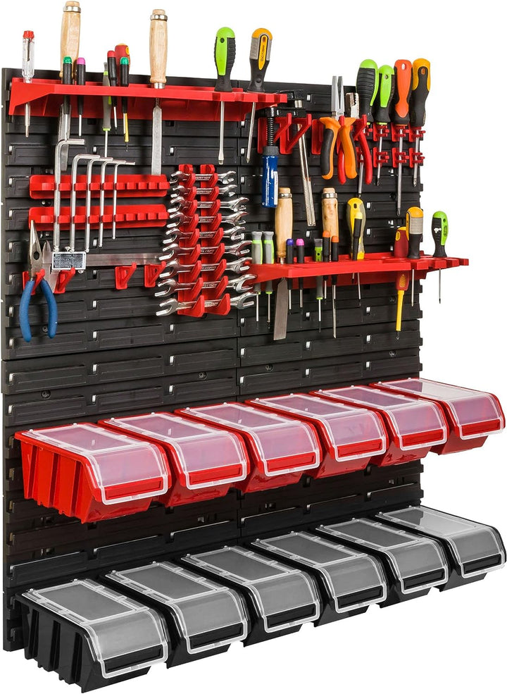 Lagersystem Werkstattregal | 78 x 78 cm | 12 stck. Box | Wandregal mit Werkzeughalterungen und Stape