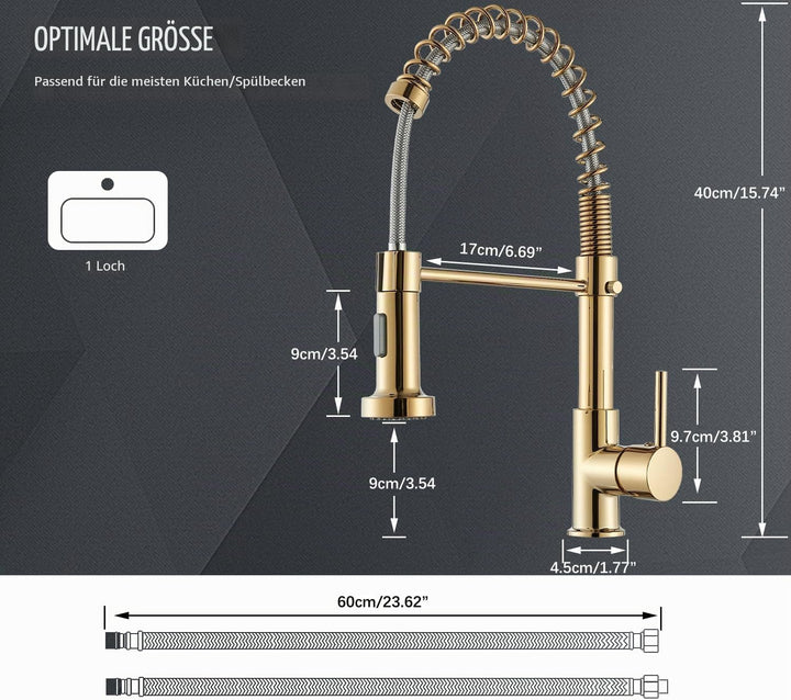 Cesinkin Küchenarmatur, goldfarben, 360 °, Küchenarmatur, mit 2 Sprühmodi, Mischbatterie, Küche, Ein