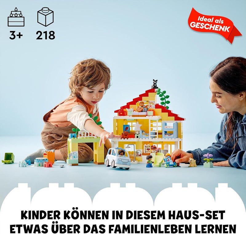 LEGO DUPLO 3-in-1-Familienhaus, Puppenhaus aus Bausteinen mit Push&Go Auto, 5 Figuren, 2 Tieren und