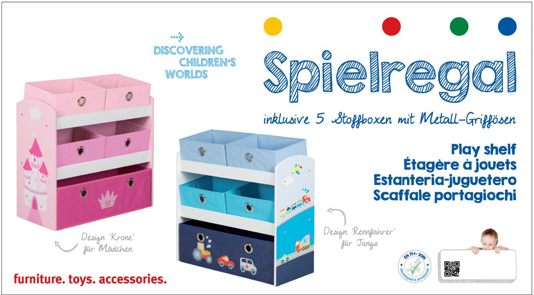 roba Spielzeugregal Rennfahrer - Spielregal für Kinderzimmer mit 5 Boxen aus Stoff - mit Auto Motiv