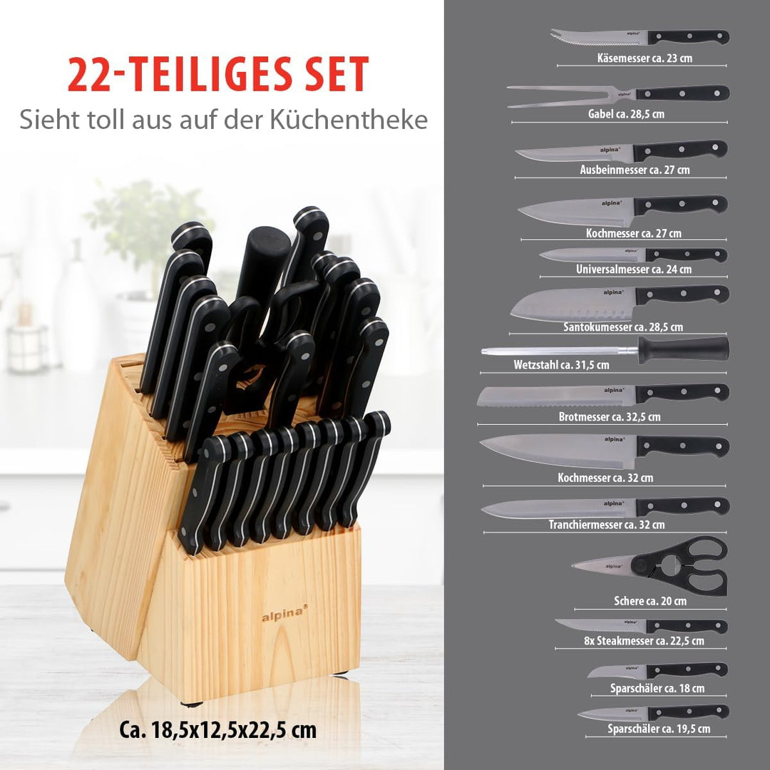alpina Messerblock aus Holz - Bestückt für Küchen - Kochmesser - Messer Set, Holz