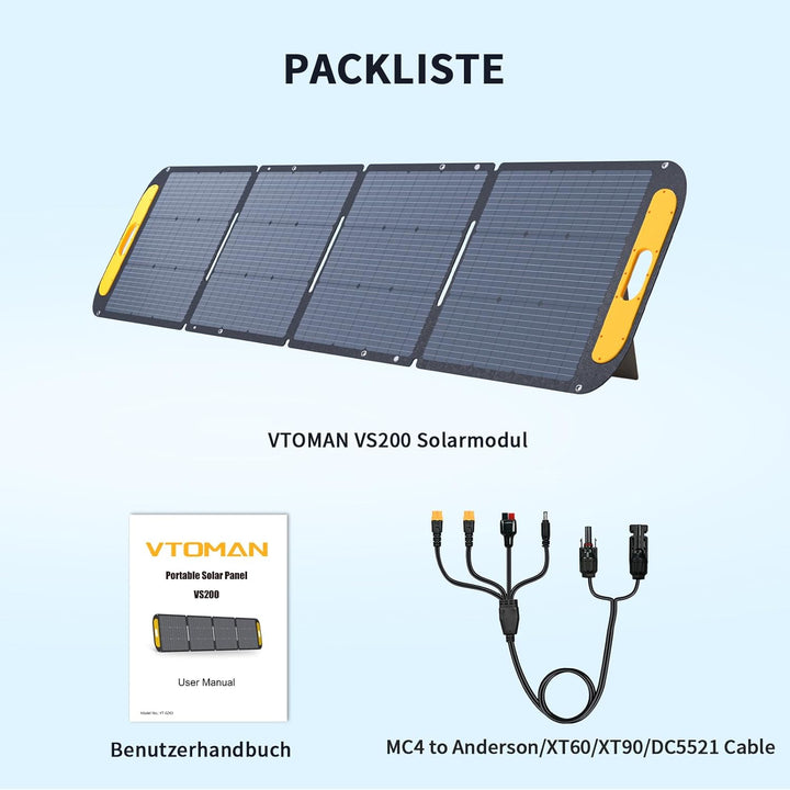 VTOMAN VS200 Faltbares Solarpanel 200W, 16V/25% Effizienz, Monokristalline Tragbare Solarmodul für P