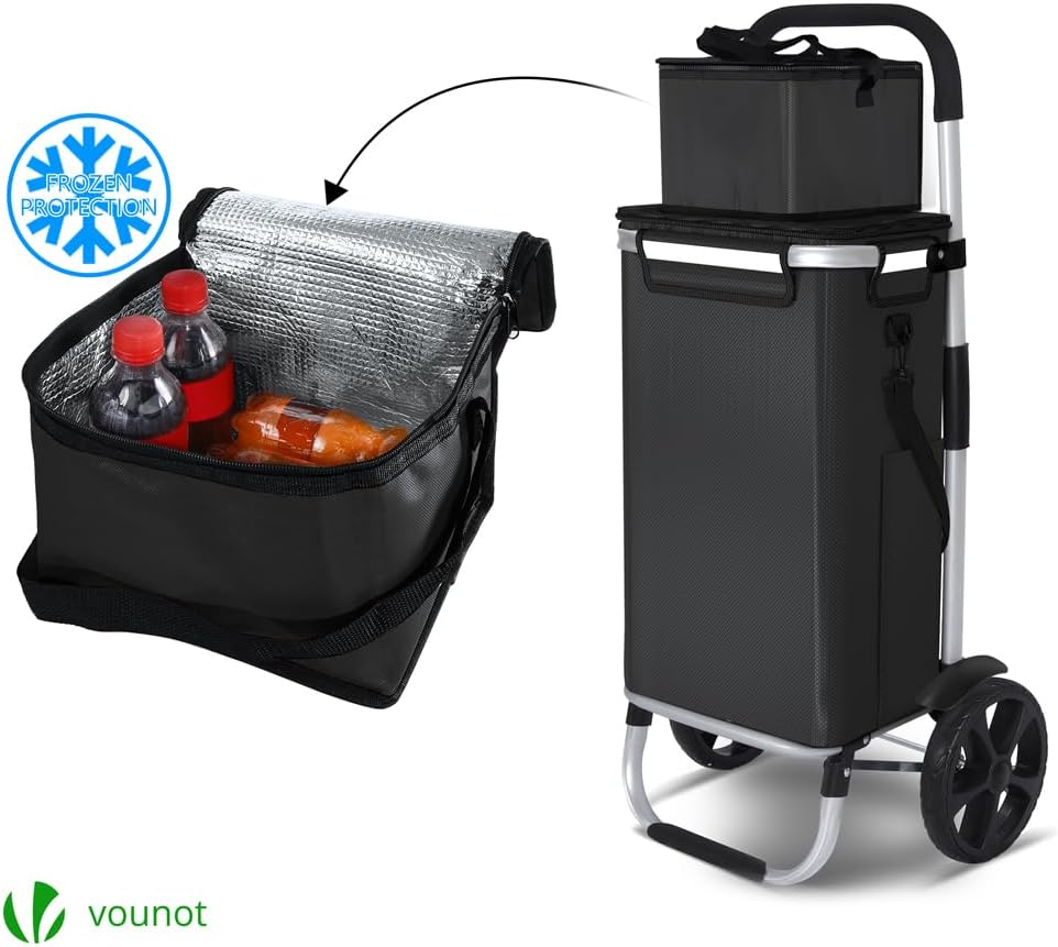 VOUNOT® Einkaufstrolley Klappbar aus Aluminium mit 58L Wasserdichter Tasche und Kühlfach, 2 Extra gr