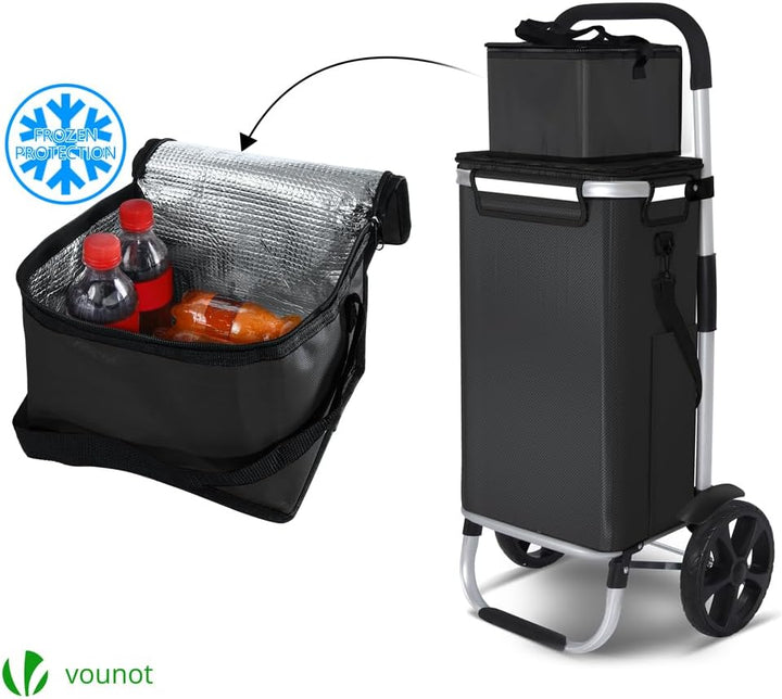 VOUNOT® Einkaufstrolley Klappbar aus Aluminium mit 58L Wasserdichter Tasche und Kühlfach, 2 Extra gr