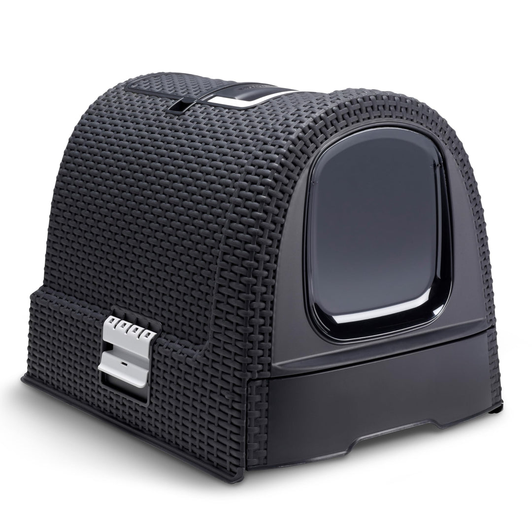 Curver 2068961 petlife Katzentoilette mit Deckel, Katzenklo inklusive Schaufel, moderne Rattangeflec