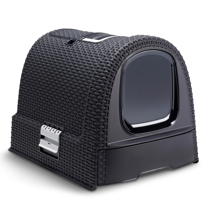 Curver 2068961 petlife Katzentoilette mit Deckel, Katzenklo inklusive Schaufel, moderne Rattangeflec