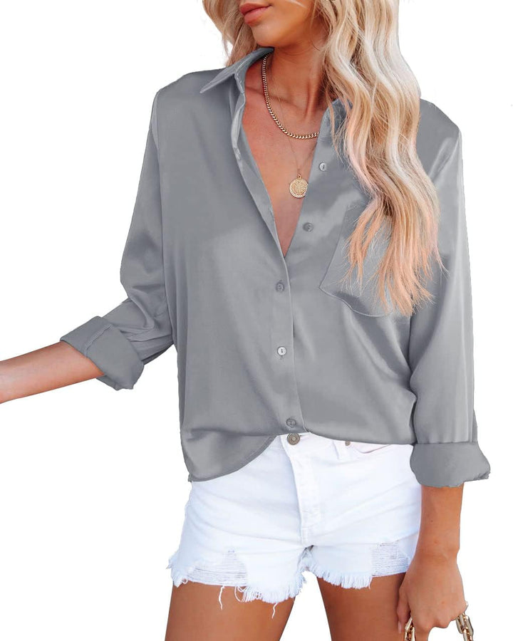 Homlan Damen Bluse Elegant V-Ausschnitt Satin Langarm Casual Oberteile Locker Hemd Einfarbig Lose La