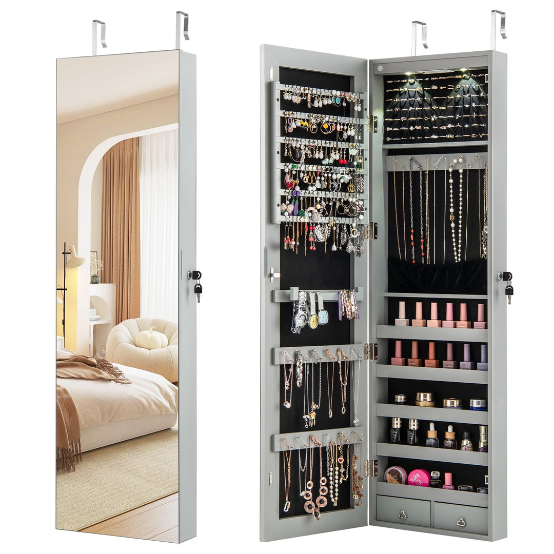 RELAX4LIFE Schmuckschrank Hängend, Spiegelschrank mit LED-Beleuchtung & Spiegel & Schloss, Schmuckor