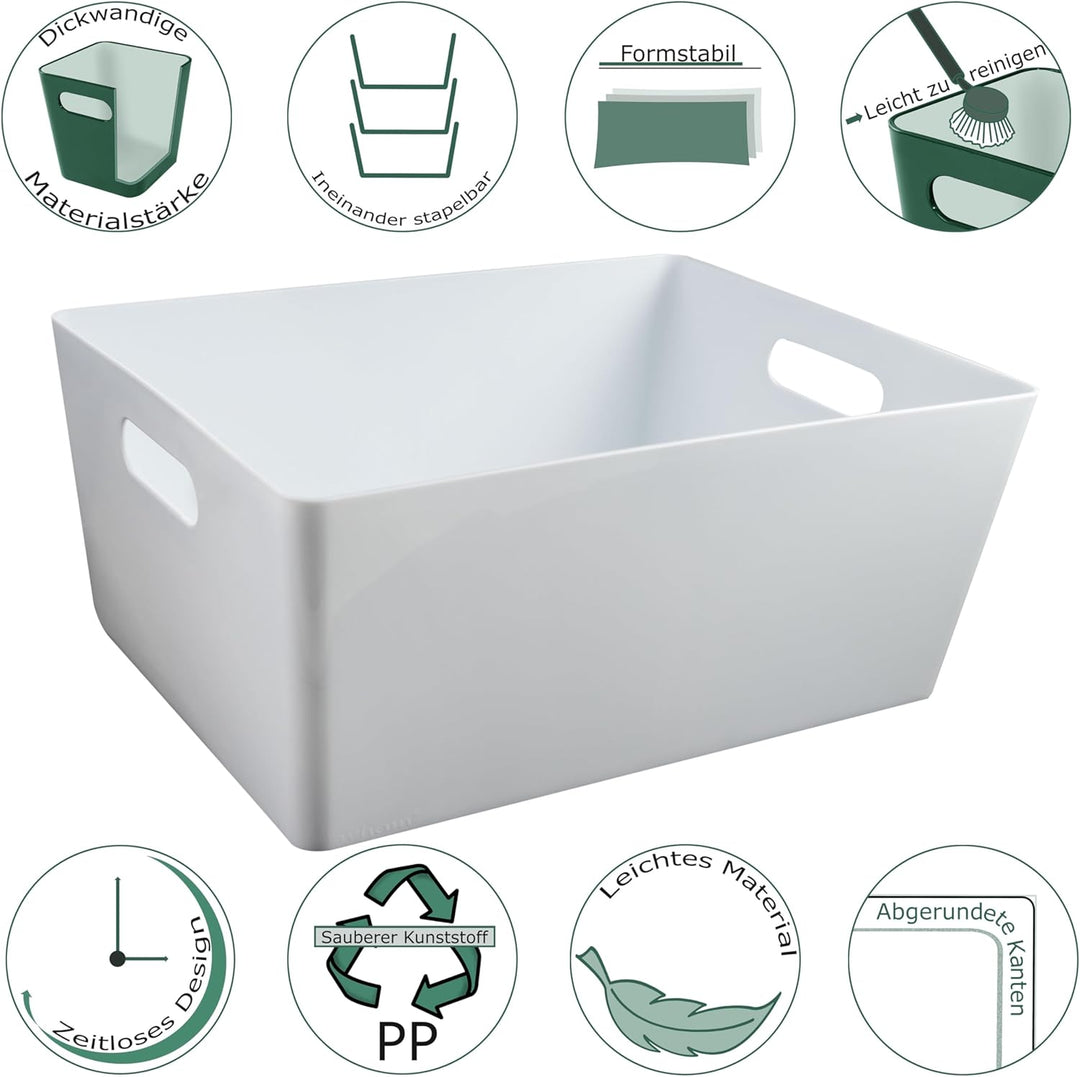 6x Ordnungsboxen 15cm hoch WEIss 35x26x15cm 11,5L DINA4 Kunststoff Bad Korb Weiss 6 Stück - 15cm hoc