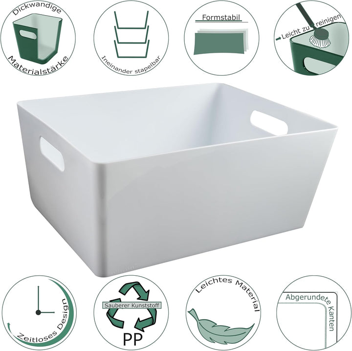 6x Ordnungsboxen 15cm hoch WEIss 35x26x15cm 11,5L DINA4 Kunststoff Bad Korb Weiss 6 Stück - 15cm hoc