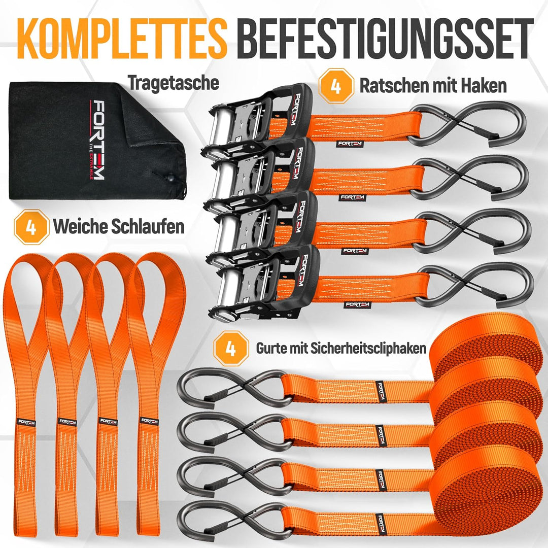 FORTEM Spanngurte mit Ratsche, 2362kg Bruchlast, 4X 3,04m Profi Gurte, 4X Weiche Schlaufen, Gummibes