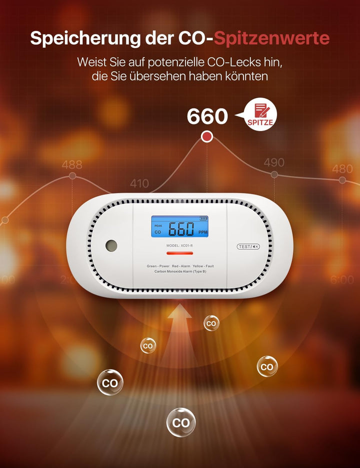 X-Sense Kohlenmonoxid-Warnmelder mit digitaler LCD-Anzeige, CO-Warnmelder mit austauschbarer Batteri