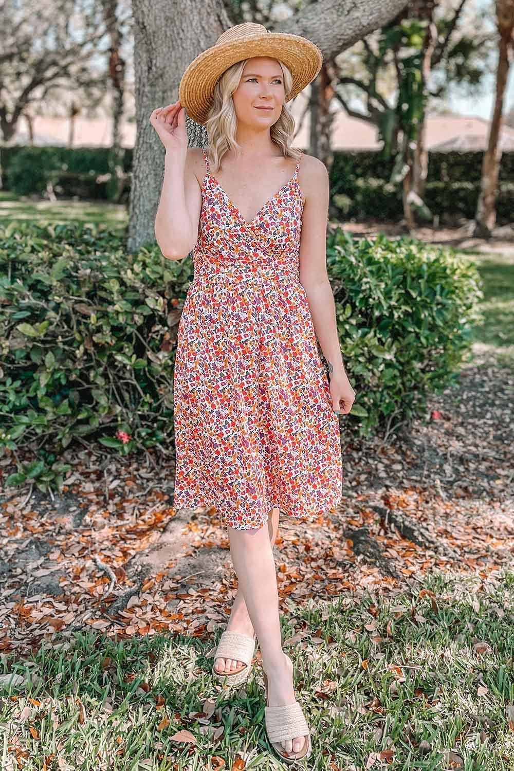 OUGES Kleid Damen Kurzarm/Langarm Sommer Herbstkleid V-Ausschnitt Casual Midi Freizeitkleid mit Tasc