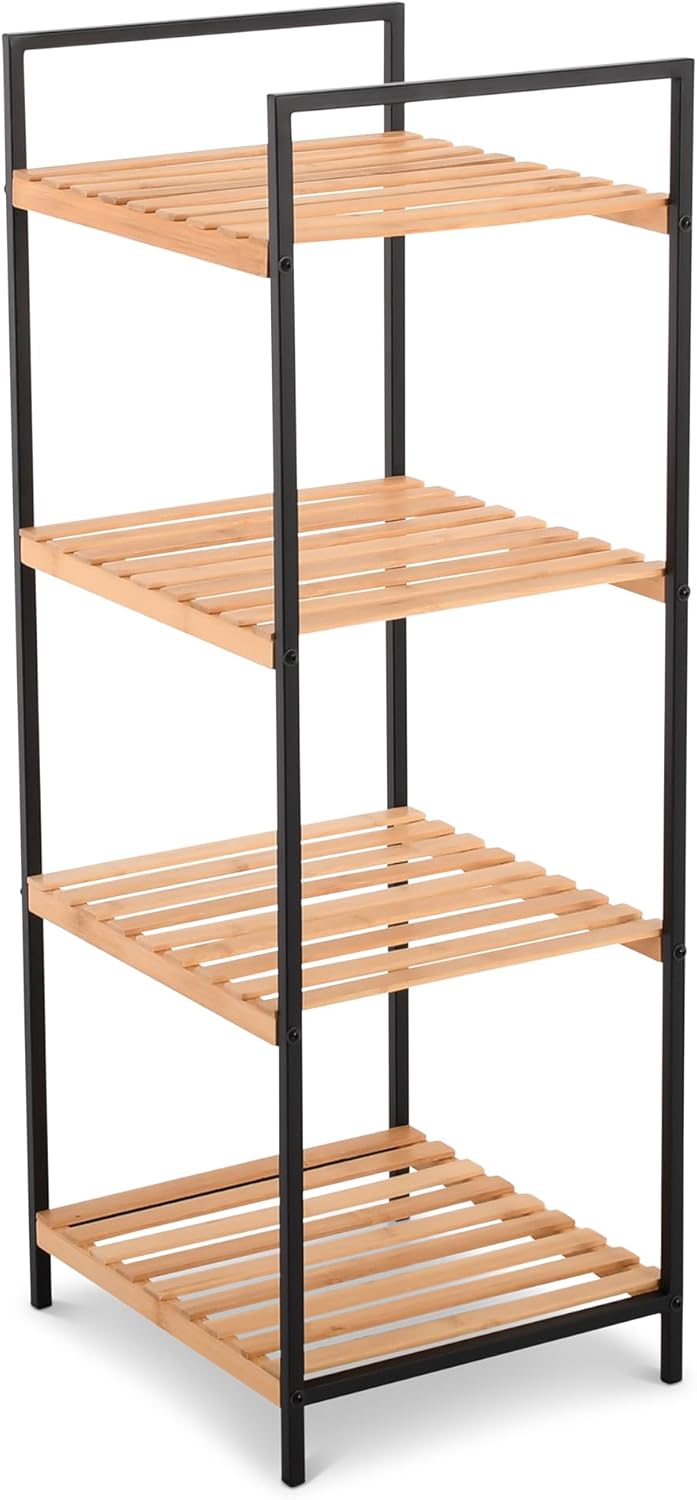Raburg Standregal & Küchenregal, Bambus, 4 Böden, Metallrahmen Schwarz, Standregal aus Holz & Aufbew