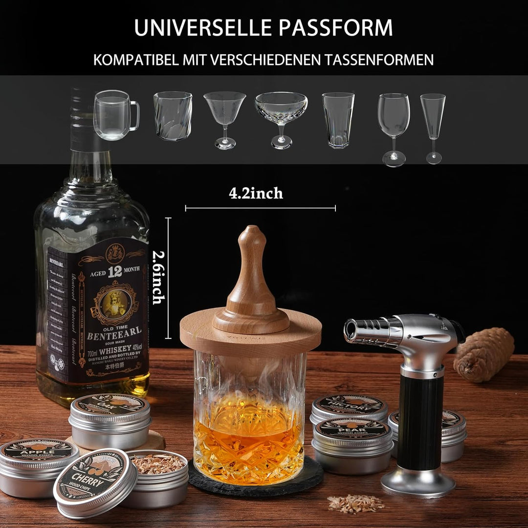 Whisky-Räucherset mit Fackel-6 Geschmacksrichtungen, Holzspäne, 2 Gläser, 6 Whiskysteine, Cocktail-R