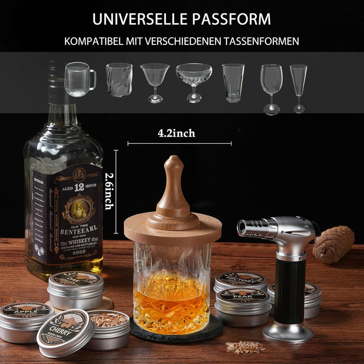 Whisky-Räucherset mit Fackel-6 Geschmacksrichtungen, Holzspäne, 2 Gläser, 6 Whiskysteine, Cocktail-R