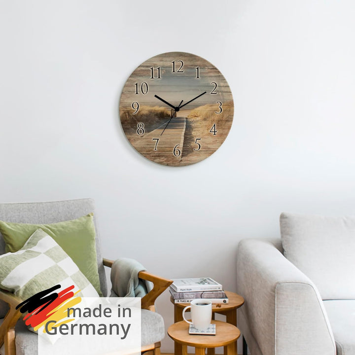 ARTLAND Wanddeko Wanduhr ohne Tickgeräusche aus Holz Quarzuhr lautlos rund Ø 30 cm Nordseestrand auf