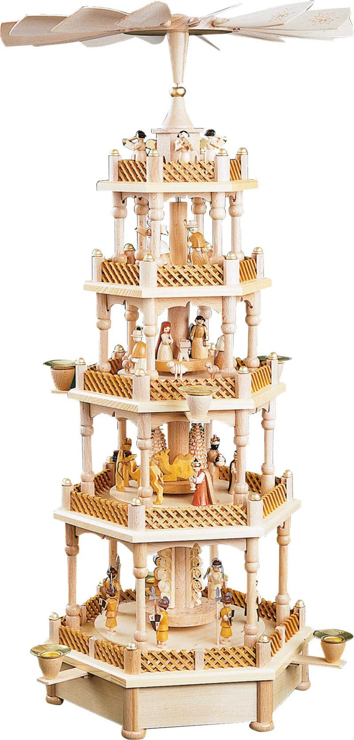Pyramide Christi Geburt, 4-stöckig, 70 cm hoch, Natur, mit Spielwerk, original Erzgebirge