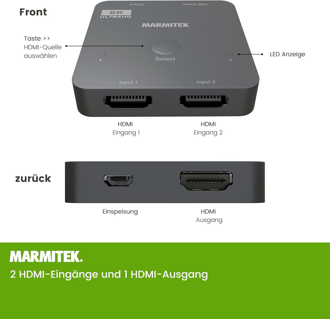 HDMI 2.1 Switch - Marmitek AS28 - 8K HDMI switch - 4K 120Hz - HDR - 2 ein / 1 aus - HDMI Switch 4K 1