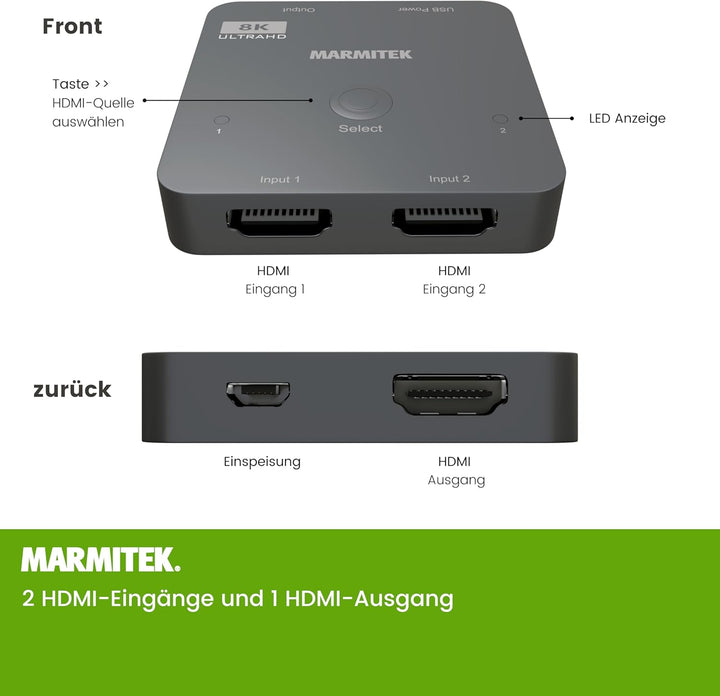 HDMI 2.1 Switch - Marmitek AS28 - 8K HDMI switch - 4K 120Hz - HDR - 2 ein / 1 aus - HDMI Switch 4K 1