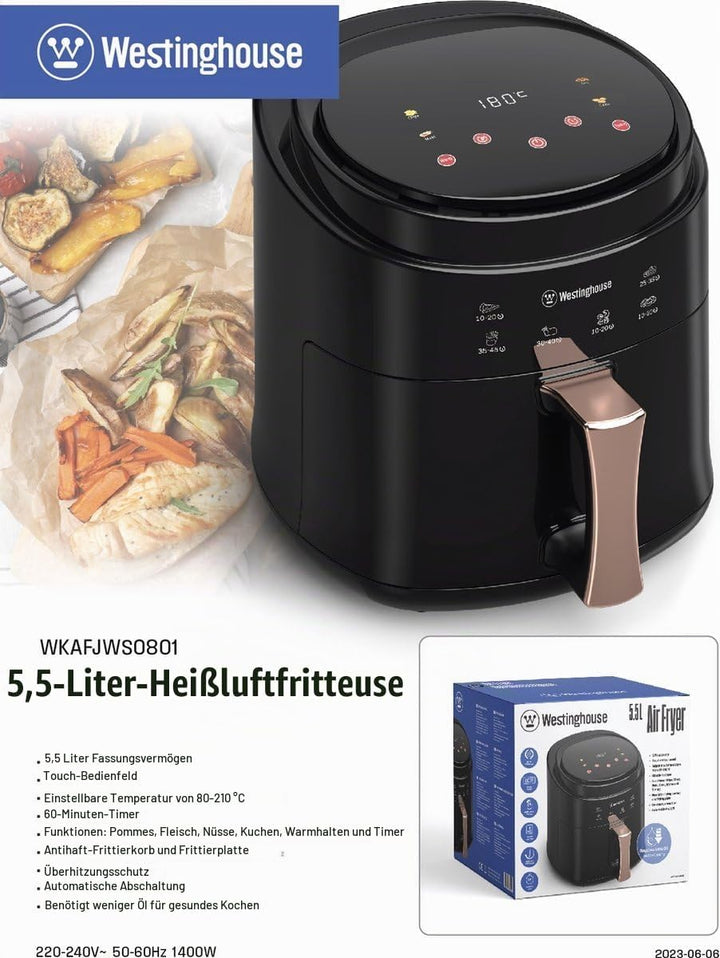 Westinghouse Air Fryer mit 5,5 L Kapazität, 6 praktische Automatikprogramme, Bedienung über Touch Pa