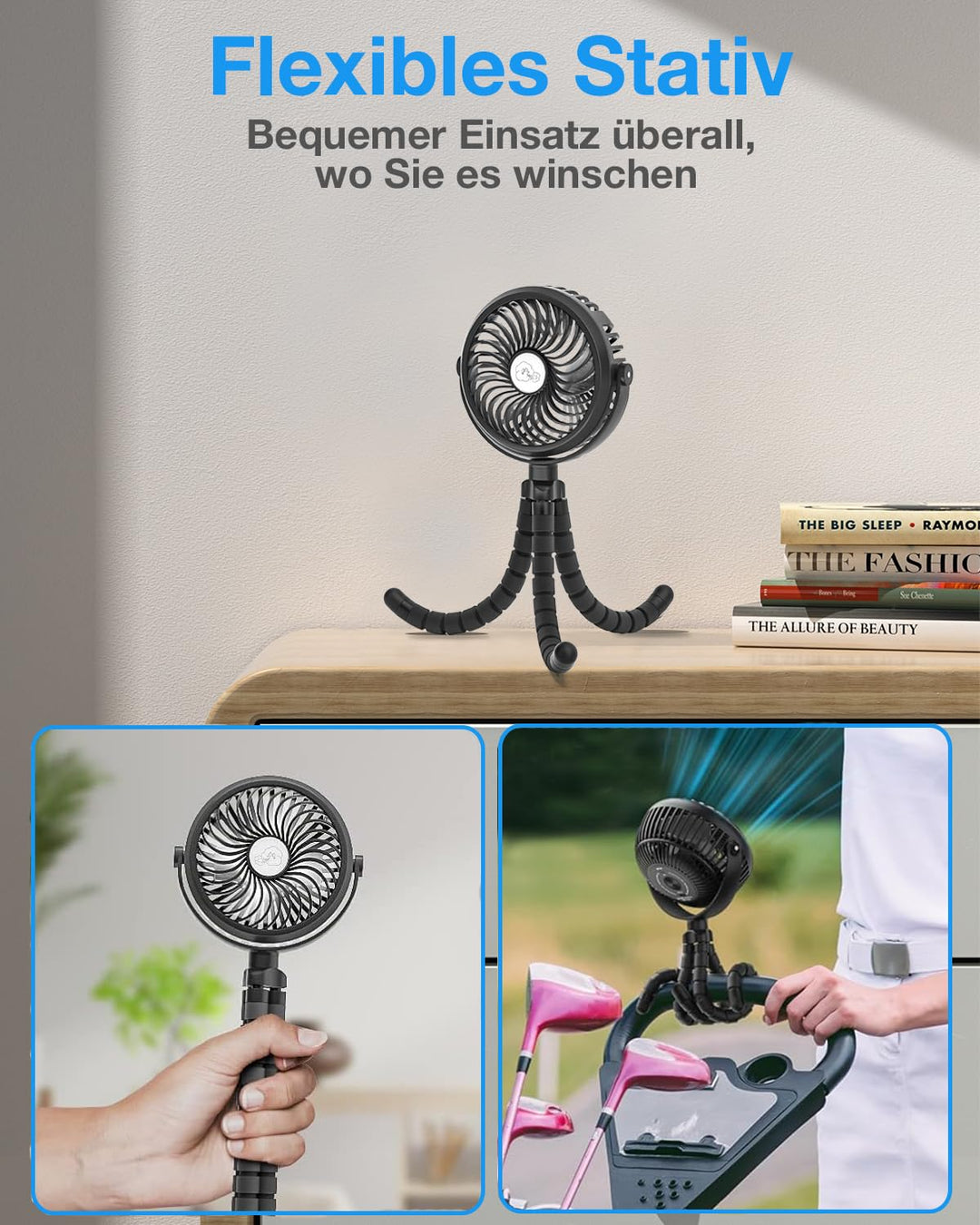 Verbesserte Kinderwagen-Ventilatoren 5200mAh Akku, Leise USB Ventilator mit 3 Stufen & 360° Verstell