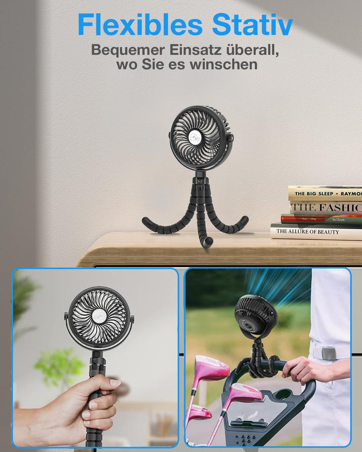 Verbesserte Kinderwagen-Ventilatoren 5200mAh Akku, Leise USB Ventilator mit 3 Stufen & 360° Verstell