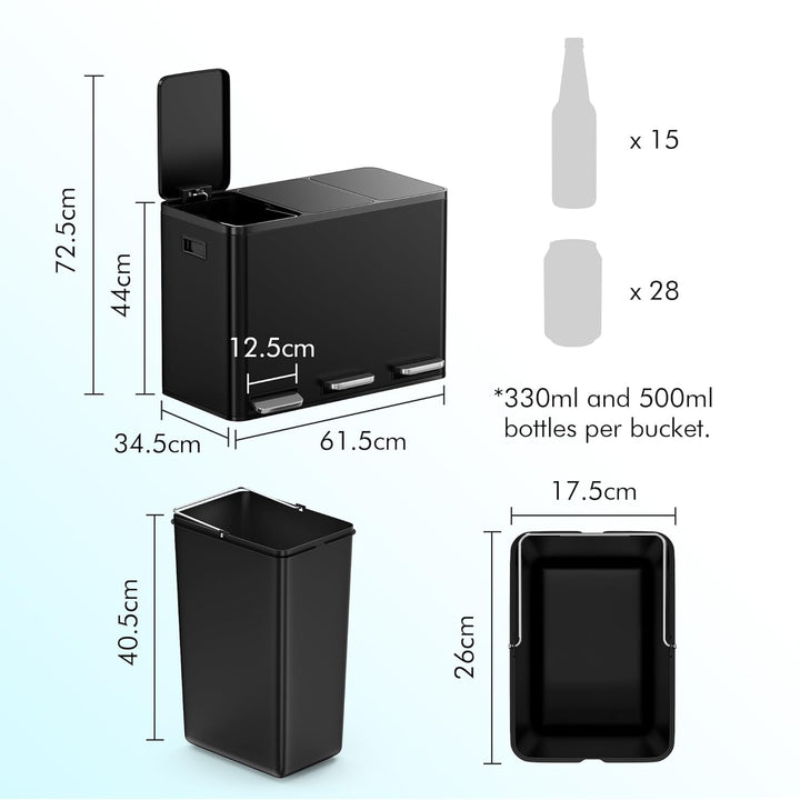 VonHaus Mülleimer Küche 3 Fächer, 45L Recycling Mülltrennsystem – Abfalleimer Biomüll, Rutschfester