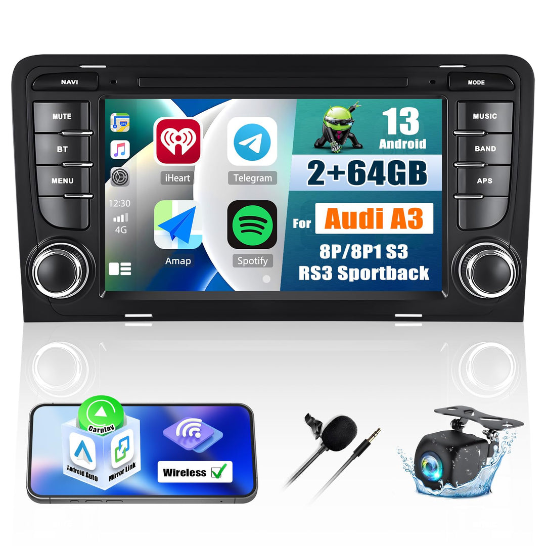 2+64GB Android 13 Autoradio für Audi A3 8P S3 RS3 2003-2012 mit Wireless Carplay Android Auto 7" Aut