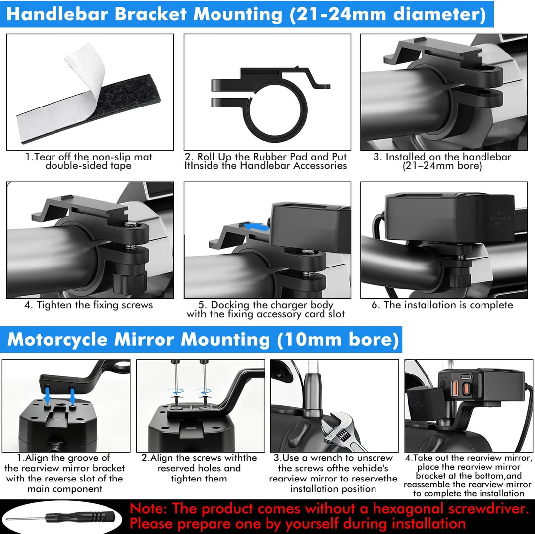 USB Steckdose Motorrad mit Einziehbarem Kabel, PD und QC3.0 Adapter, Motorrad USB Steckdose Wasserdi