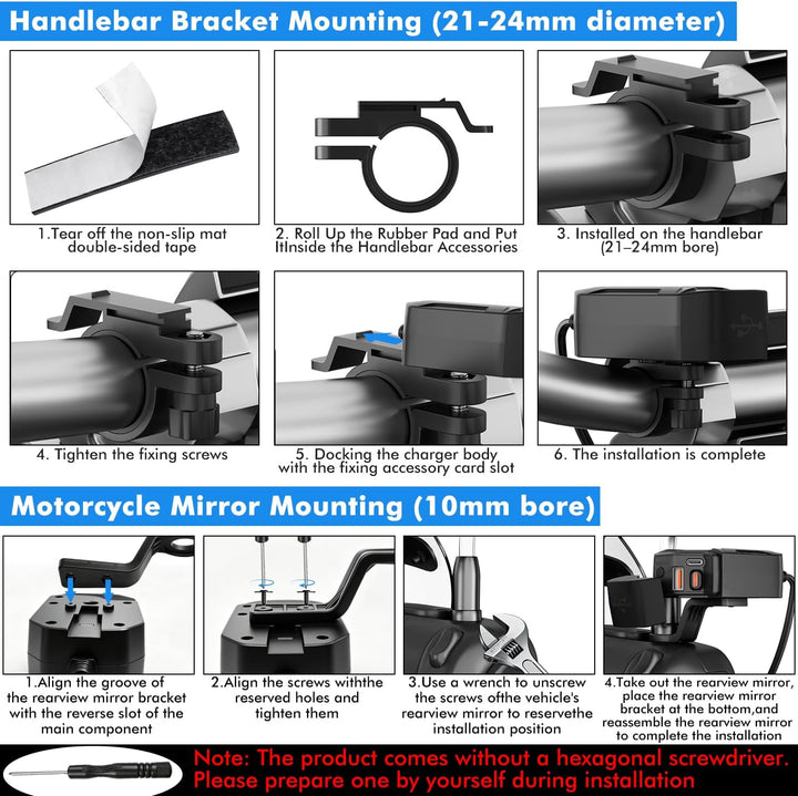 USB Steckdose Motorrad mit Einziehbarem Kabel, PD und QC3.0 Adapter, Motorrad USB Steckdose Wasserdi