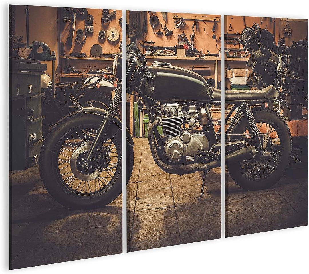 islandburner Bild auf Leinwand Cafe Racer Motorrad Im Vintage Stil In Einer Garage Bilder Wandbilder
