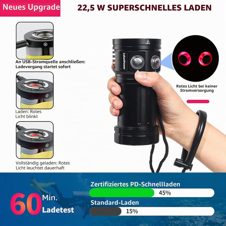 Tauchlampe,LetonPower L24 12000Lumens taschenlampe tauchen,Unterwasser 100m tauchlampe,unterwasser t