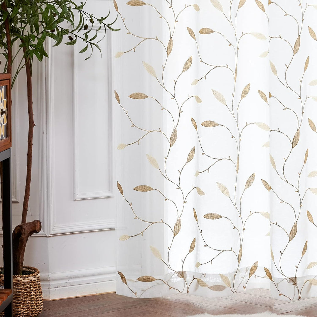 TOPICK Sheer Vorhang Voile Gardinen mit Ösen Blätter Stickerei lichtdurchlässig Ösenschal Gaze Paari
