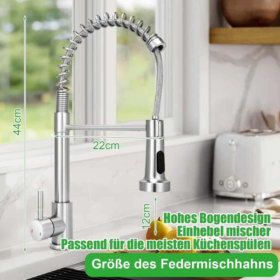 Küchenarmatur mit Brause, Feder-Wasserhahn für Küche, ausziehbare Mischbatterie mit 2 Sprühmodi, Spü