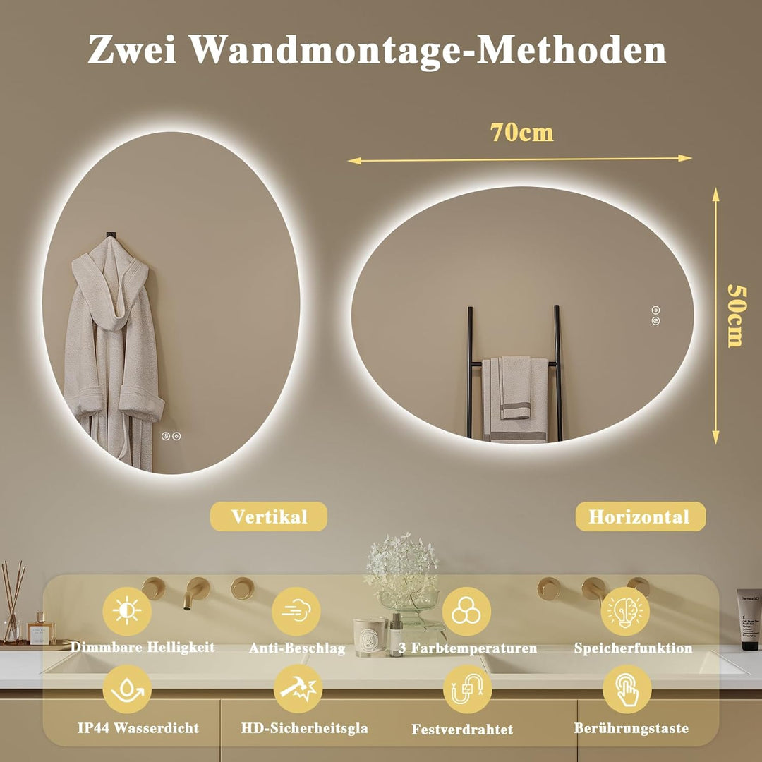 Badspiegel-mit-Beleuchtung- LED Badezimmerspiegel Badezimmer Spiegel mit Beleuchtung, Touch-Schalter