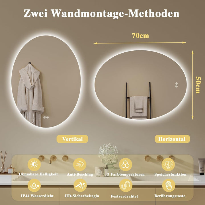 Badspiegel-mit-Beleuchtung- LED Badezimmerspiegel Badezimmer Spiegel mit Beleuchtung, Touch-Schalter