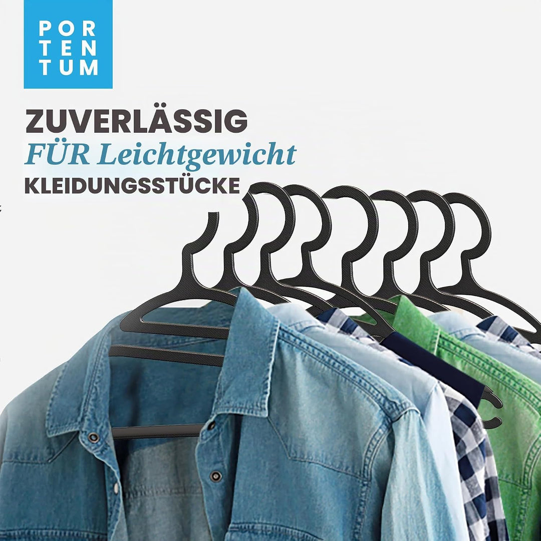 PORTENTUM Kleiderbügel aus Recyceltem Kunststoff, 50 Stück, Schwarz. Für Leichte Kleidung, Nicht zu