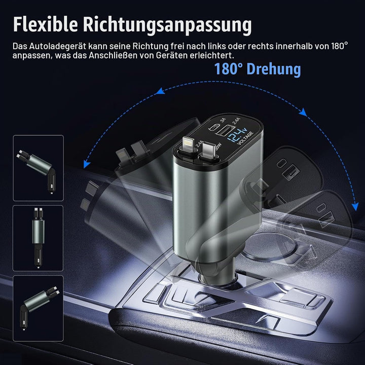 Auto Ladegerät Zigarettenanzünder USB C 4in1 56W, KFZ Ladegerät mit 2 einziehbaren Kabeln(Type C, Li