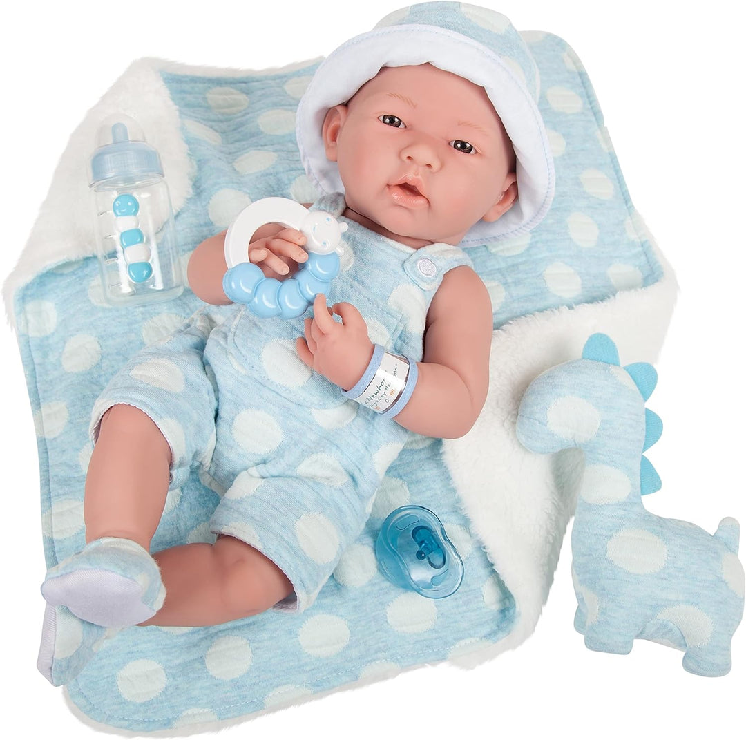 JC TOYS - La Newborn Babypuppe 38 cm aus weichem Vinyl, inklusive Kleidung, Dinosaurier-Plüsch und 4