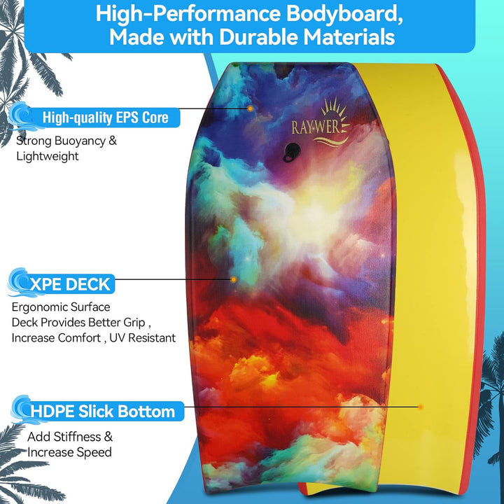 Leichtes Bodyboard mit EPS-Kern, glatter HDPE-Unterseite, Leine und verstellbarem Handgelenkseil, to
