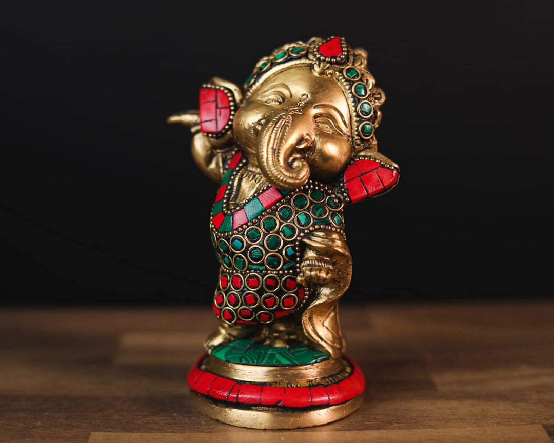 SHIVAJI ARTS Baby Ganesha Statue, 14 cm, Messing Inlay Arbeit Ganesh-Statue, Geschenk für Baby, nied