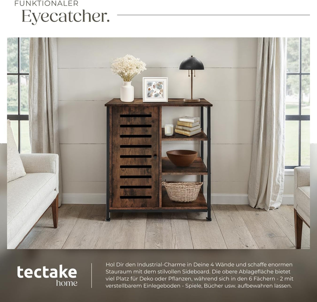 tectake Sideboard mit 3 Fächern und Schrankfach, 71 x 32 x 82 cm, Industrie-Design, Holz Kommode für